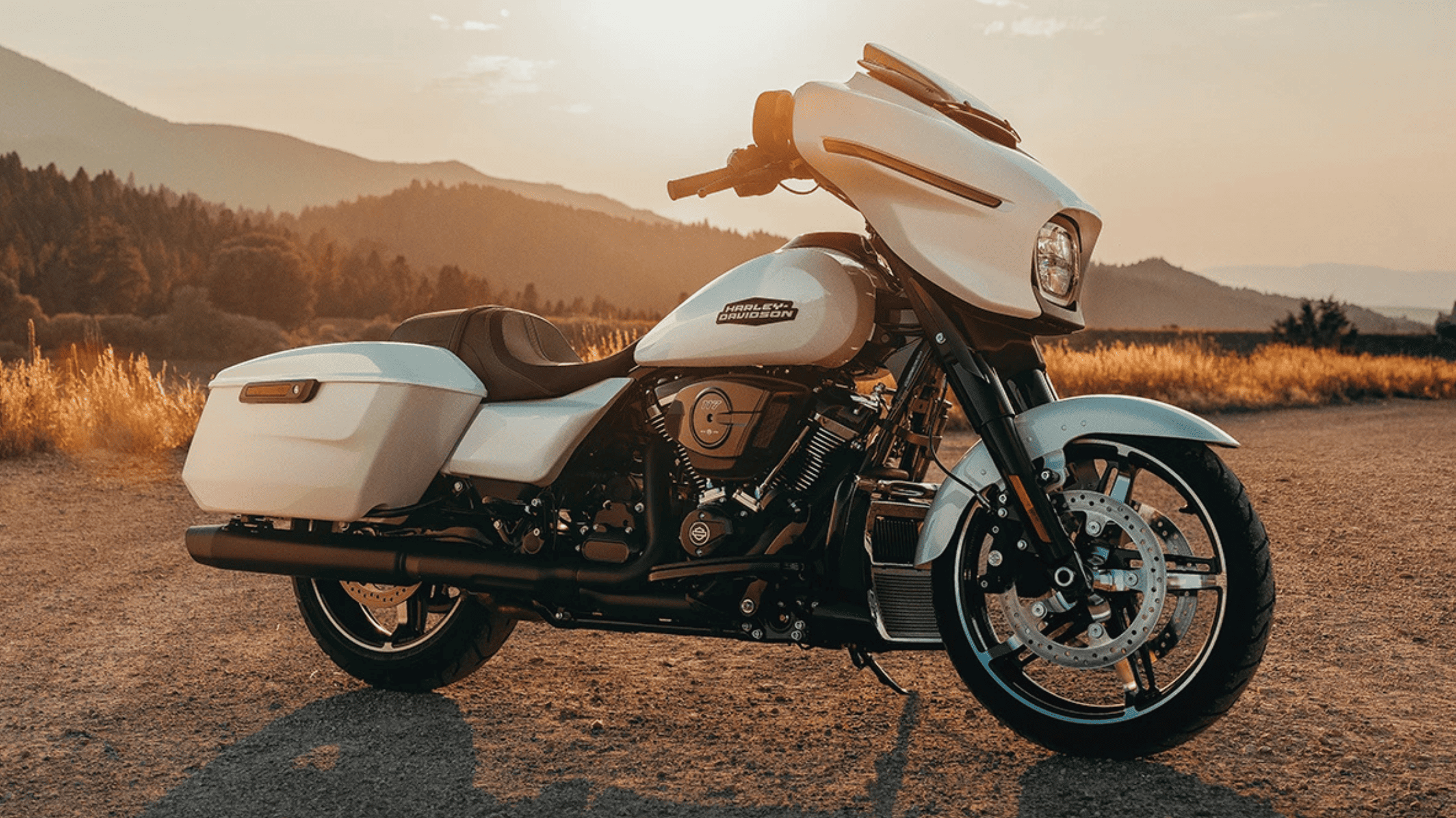 Experience the 2025 Harley-Davidson® Street Glide near Mount Juliet, TN—a sleek touring motorcycle featuring a modern batwing fairing, Milwaukee-Eight® engine, and premium comfort for long-distance rides against a stunning mountain backdrop.